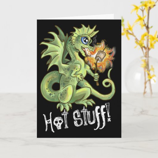 Hete spul! kleine marshmallow roostende draak kaart (Gele Bloem)