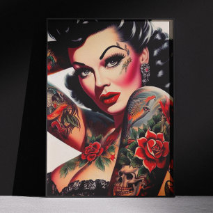 Hete vintage getatoeëerde pin-up perfect poster