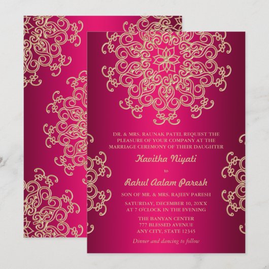 HETEL ROZE EN GOUD INDIASE STIJL TROUWKAART KAART (Voorkant / Achterkant)