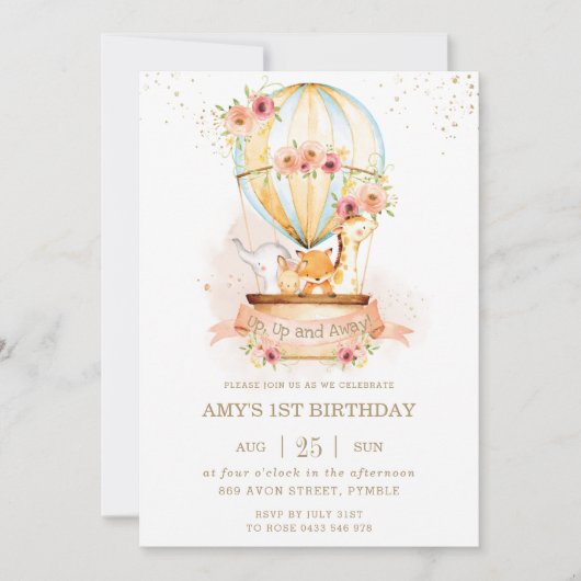 Heteluchtballon 1e verjaardag Jungle Dieren Meisje Kaart (Voorkant)