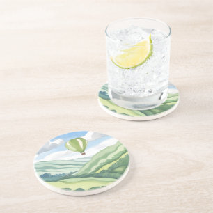 Heteluchtballon   Groen Aquarel Landschap Zandsteen Onderzetter