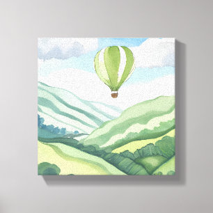 Heteluchtballon Groen Aquarellandschap Canvas Afdruk