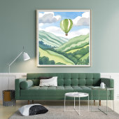 Heteluchtballon | Groen Waterverf Landschap Poster