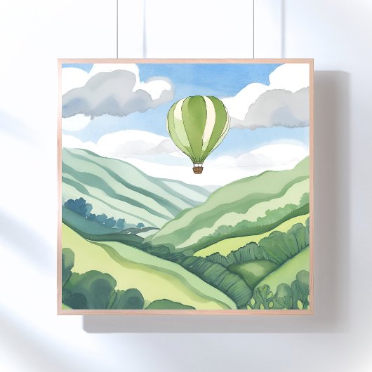 Heteluchtballon | Groen Waterverf Landschap Poster