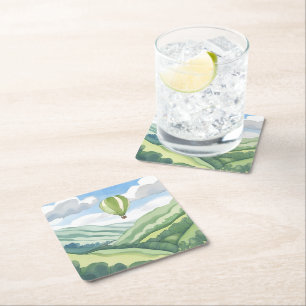 Heteluchtballon   Groene Aquarel Landschap Kartonnen Onderzetters