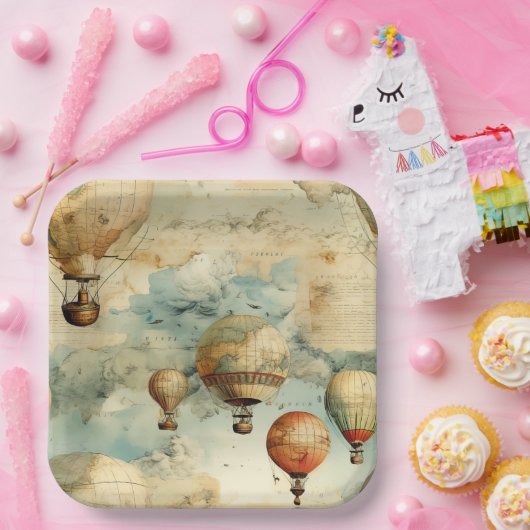  heteluchtballon in een sereen landschap (6) papieren bordje (Feest)