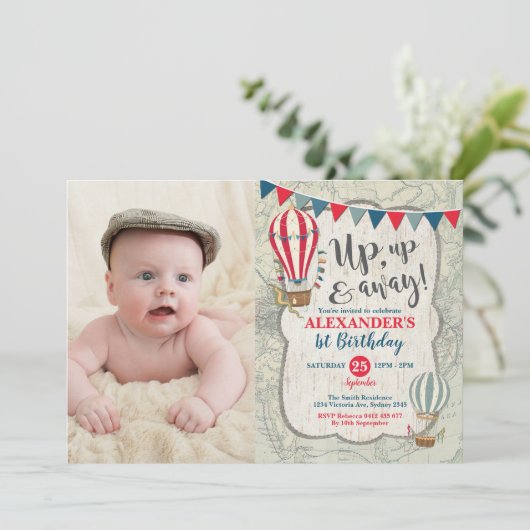 heteluchtballon omhoog en weg jongens verjaardag kaart (Staand voorkant)