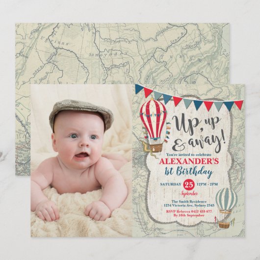 heteluchtballon omhoog en weg jongens verjaardag kaart (Voorkant / Achterkant)