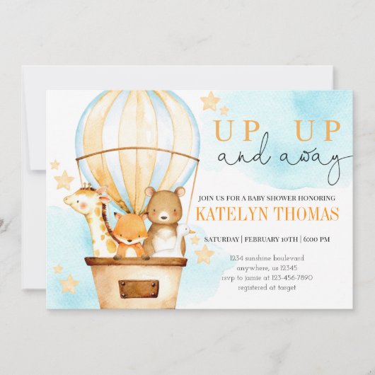 Heteluchtballon Op Op En Weg Jongens Baby Shower Kaart (Voorkant)