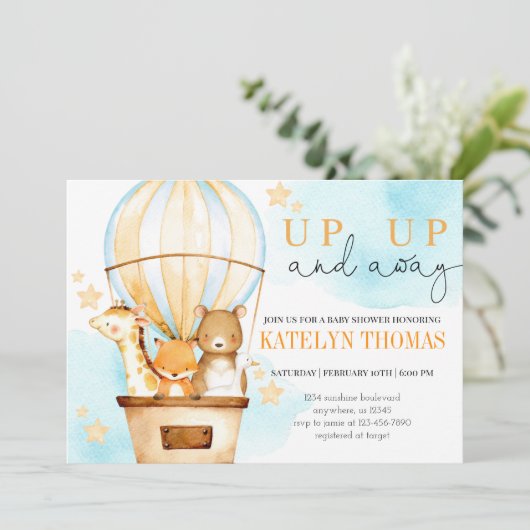 Heteluchtballon Op Op En Weg Jongens Baby Shower Kaart (Staand voorkant)