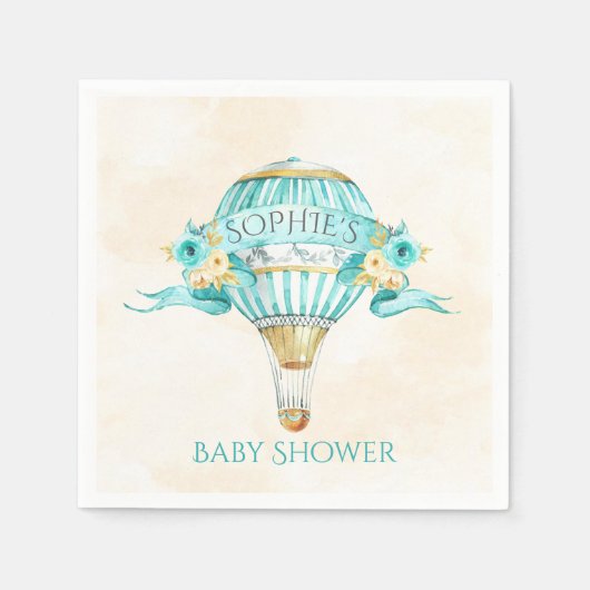 Heteluchtballon Turquoise Goud Gele Rozen Servetten (Voorkant)