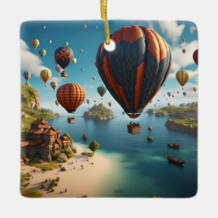 Heteluchtballonnen vliegen over eiland keramisch ornament
