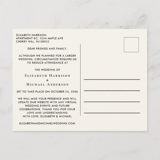 Hetzelfde liefde, kleinere bruiloft, meer groen. aankondigingskaart (Achterkant)