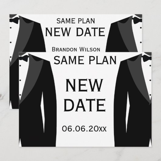 Hetzelfde plan nieuwe datum zwart-wit homo-bruilof save the date (Voorkant / Achterkant)