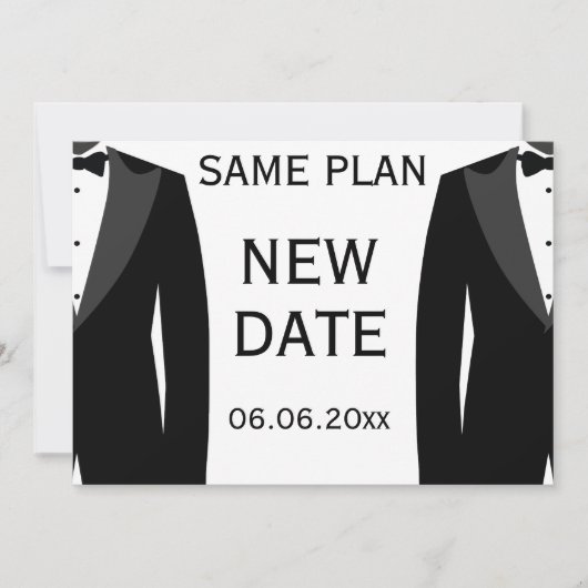 Hetzelfde plan nieuwe datum zwart-wit homohuwelijk save the date (Voorkant)