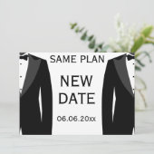 Hetzelfde plan nieuwe datum zwart-wit homotrouw save the date (Staand voorkant)
