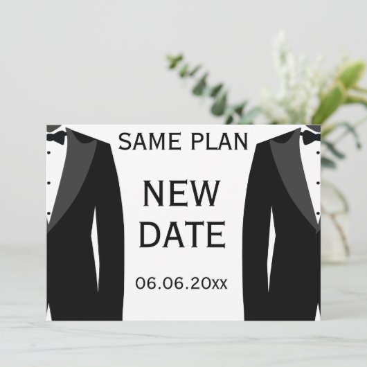 Hetzelfde plan nieuwe datum zwart-wit homotrouwdag save the date (Staand voorkant)