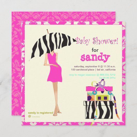 Heupmama, hete roze vocht/zebra baby shower kaart (Voorkant / Achterkant)