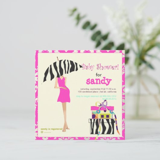 Heupmama, hete roze vocht/zebra baby shower kaart (Staand voorkant)