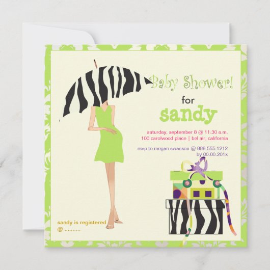 Heupmama, kalkgroene vocht/zebra-baby shower kaart (Voorkant)