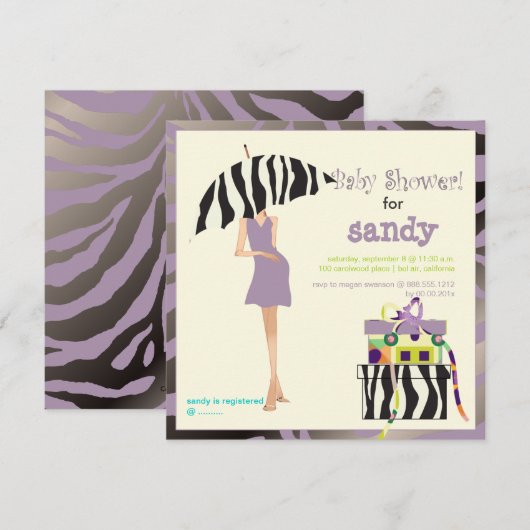 Heupmama, paars zebra baby shower kaart (Voorkant / Achterkant)