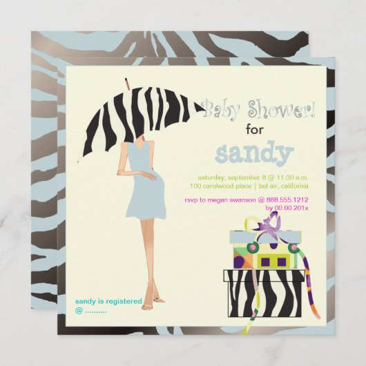 Heupmama, zilverblauw zebra baby shower kaart (Voorkant / Achterkant)