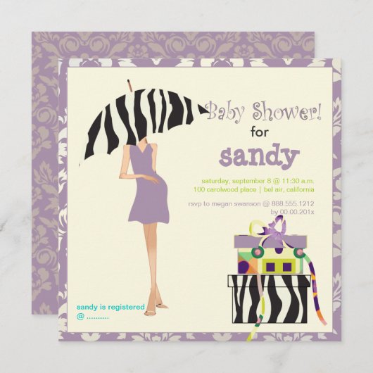 Heupmoeder, paarse vocht/zebra baby shower kaart (Voorkant / Achterkant)