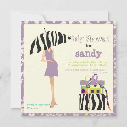 Heupmoeder, paarse vocht/zebra baby shower kaart (Voorkant)