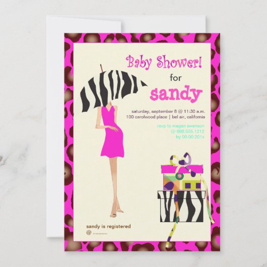 Heupmoeder, roze jaguar/zebra baby shower kaart (Voorkant)