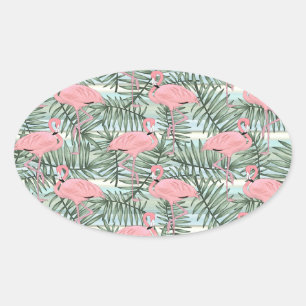 Heuproze flamingoes Cute Palm Leafs Pattern Ovale Sticker