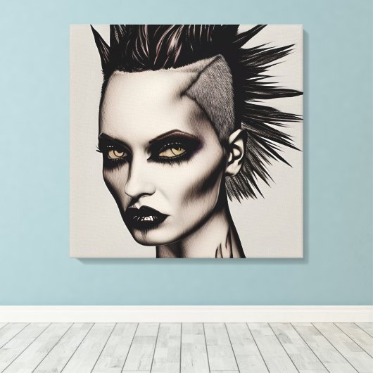 Hevige vrouw in Mohawk en piercings Gothic Punk Canvas Afdruk (Insitu (Houten vloer))