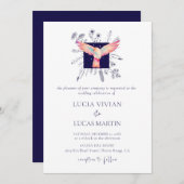 Hex Blauw Monogram Bos Vliegende Vogel Bruiloft Kaart (Voorkant / Achterkant)