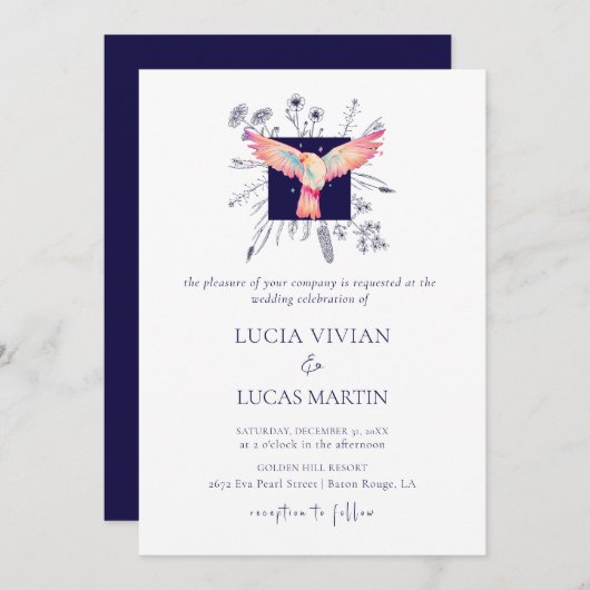 Hex Blauw Monogram Bos Vliegende Vogel Bruiloft Kaart (Voorkant / Achterkant)