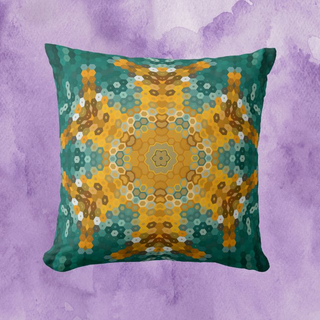 Hex Mandala blauw en geel Kussen (Creator heeft geüpload)