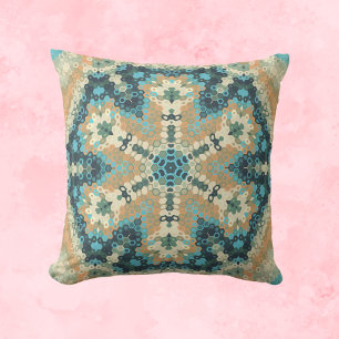 Hex Mandala Blauw en Sinaasappel Kussen