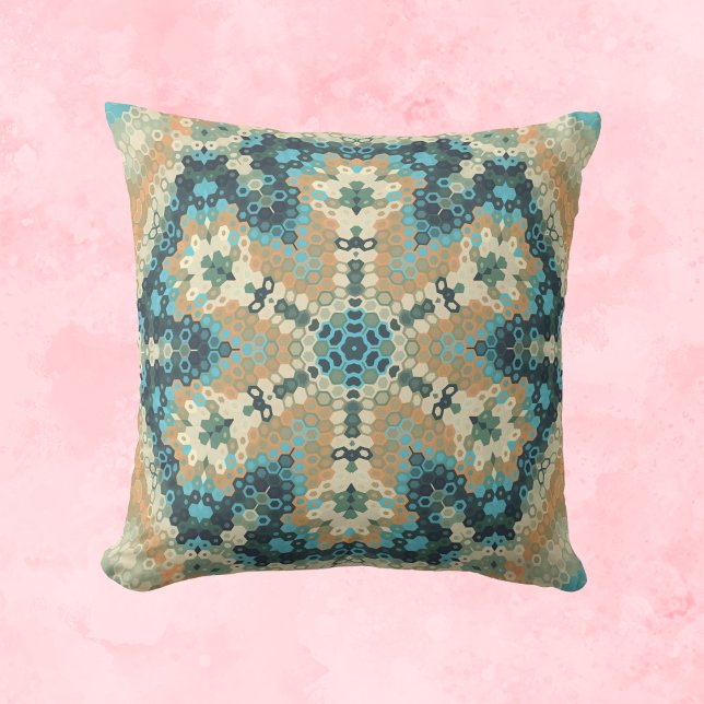 Hex Mandala Blauw en Sinaasappel Kussen (Blue and Orange Hexagon Mandala Throw Pillow by Wormhole Orbital)