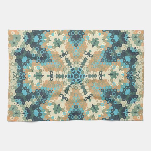 Hex Mandala Blauw en Sinaasappel Theedoek (Horizontaal)