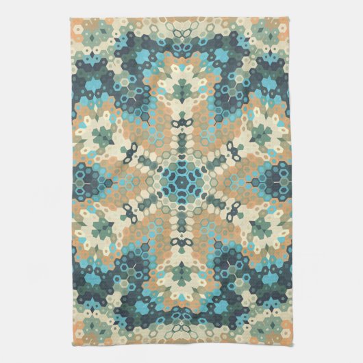 Hex Mandala Blauw en Sinaasappel Theedoek (Verticaal)