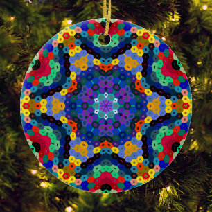 Hex Mandala Blauw Geel Rood en Groen Keramisch Ornament