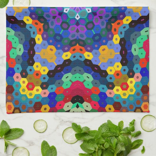 Hex Mandala Blauw Geel Rood en Groen Theedoek (Gevouwen)