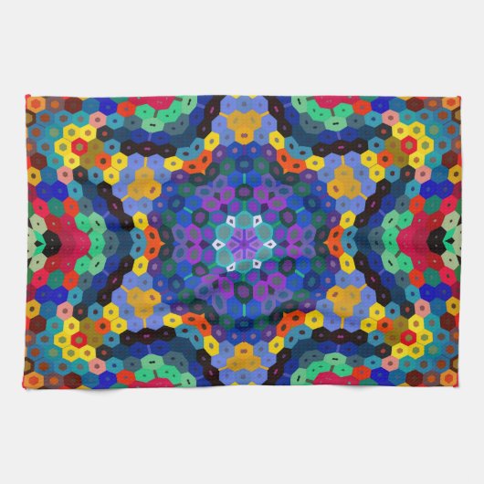 Hex Mandala Blauw Geel Rood en Groen Theedoek (Horizontaal)