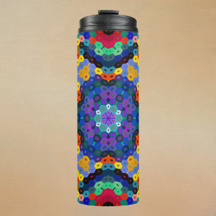 Hex Mandala Blauw Geel Rood en Groen Thermosbeker