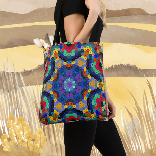 Hex Mandala Blauw Geel Rood en Groen Tote Bag