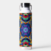 Hex Mandala Blauw Geel Rood en Groen Waterfles (Voorkant)