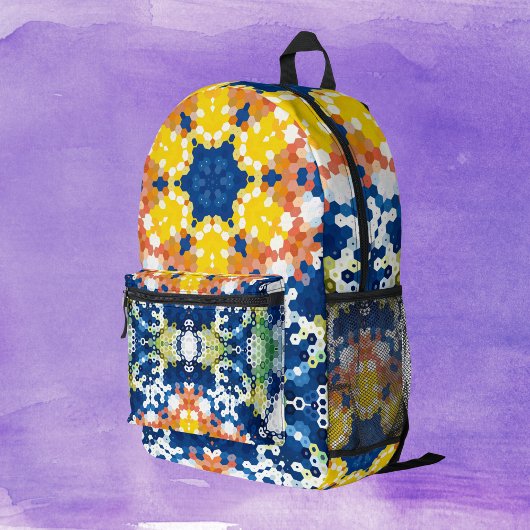 Hex Mandala Blauw Geel Sinaasappel en Groen Bedrukte Rugzak