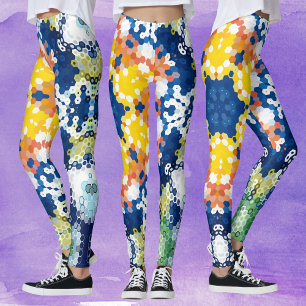Hex Mandala Blauw Geel Sinaasappel en Groen Leggings