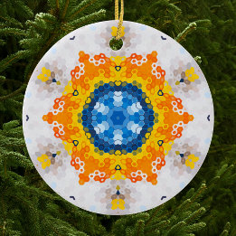 Hex Mandala Blauw Geel Sinaasappel en Wit Keramisch Ornament