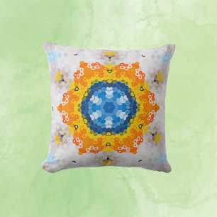 Hex Mandala Blauw Geel Sinaasappel en Wit Kussen