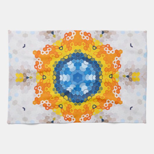Hex Mandala Blauw Geel Sinaasappel en Wit Theedoek (Horizontaal)