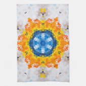 Hex Mandala Blauw Geel Sinaasappel en Wit Theedoek (Verticaal)